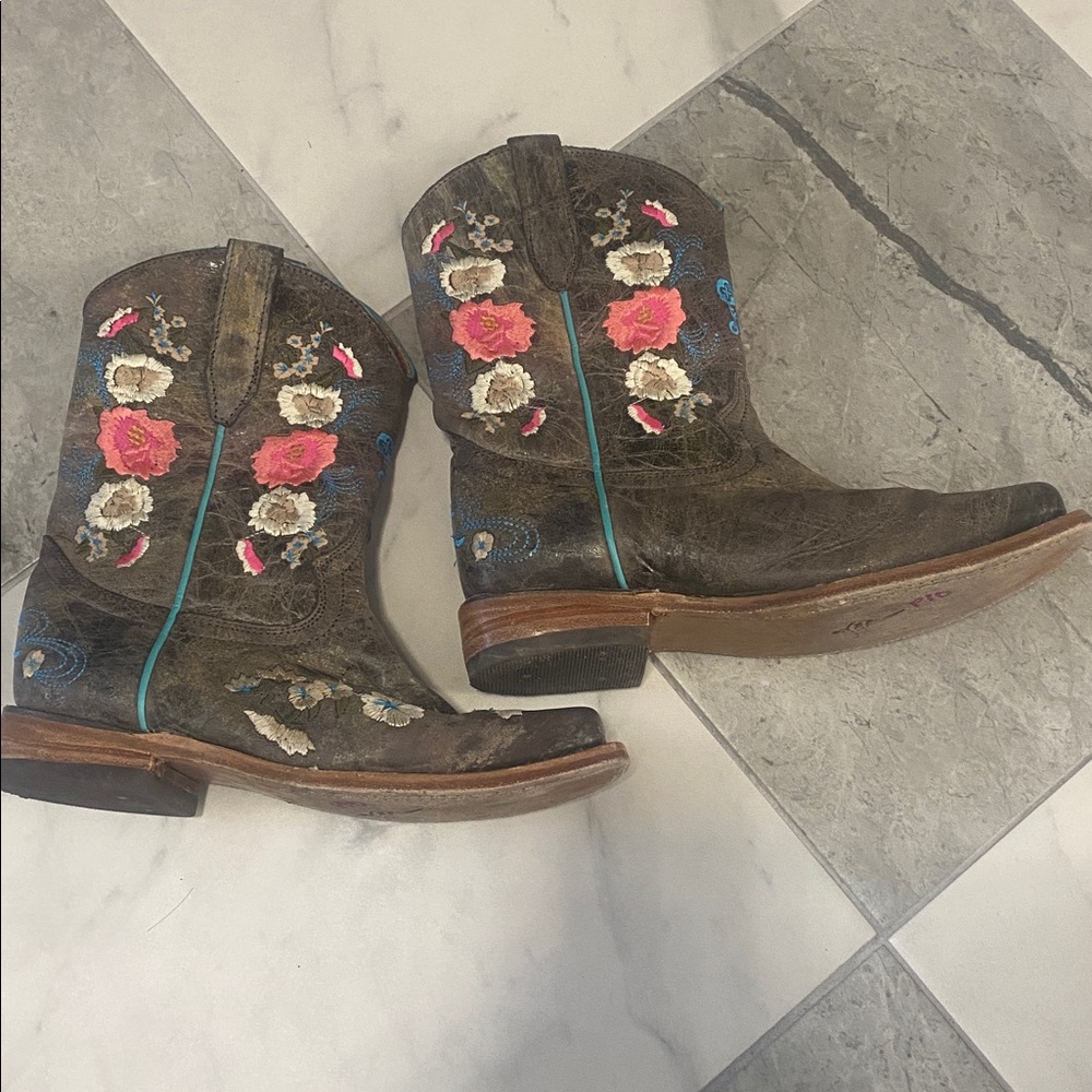 Vacarri Embroidered Girls Leather Western Brown Pi k Teal Cowboy Boots size 1